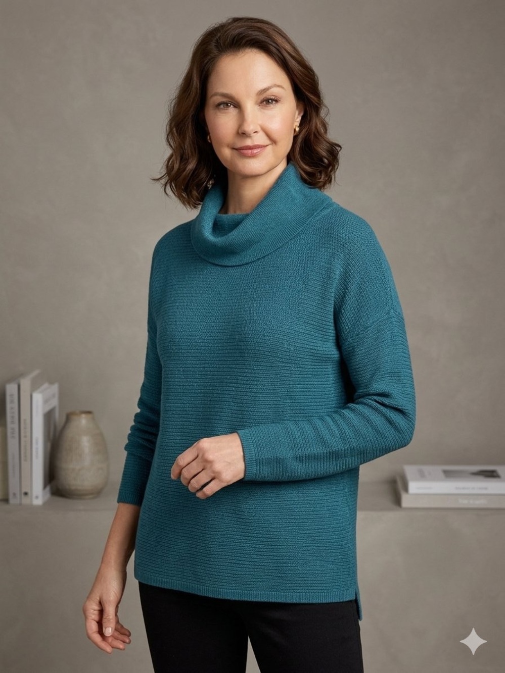 Merino Wool Blend Teal Cowl Neck Sweater (14)